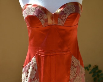 100% Silk Satin Nicole Miller Collection Sienna Orange and Gold