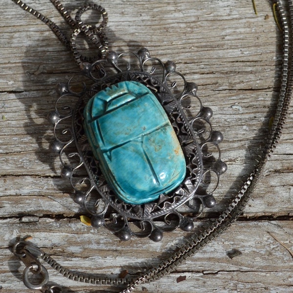 Art Deco Egyptian Revival Filigree Large Pendant Brooch Sterling Steatite Turquoise Scarab Beetle Necklace