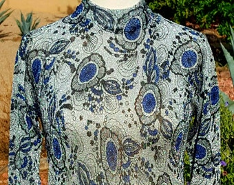 Vtg Silver Metallic Lame' Sheer Blue Floral Knit Bodycon Top Blouse Size Medium Small