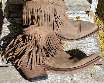 Western Cowboy Layered Fringe Braided Taupe Tan Grey Suede Leather Square Pointed Toe Ankle Boots Size 8 or 8 1/2