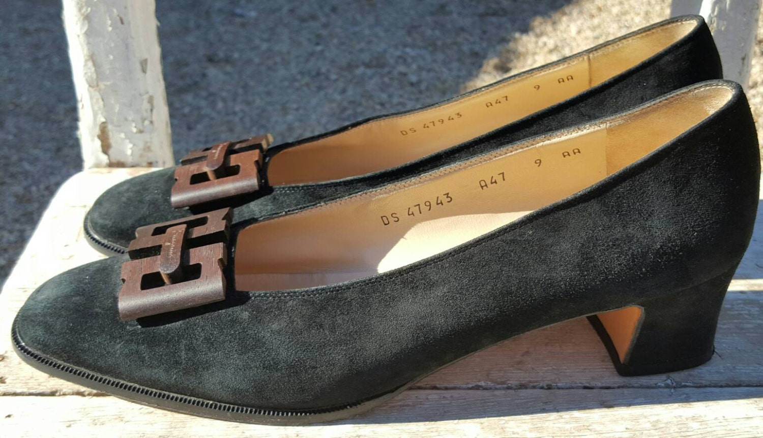Vtg Salvatore Ferragamo Italy Black Suede Heels W/ Wood | Etsy