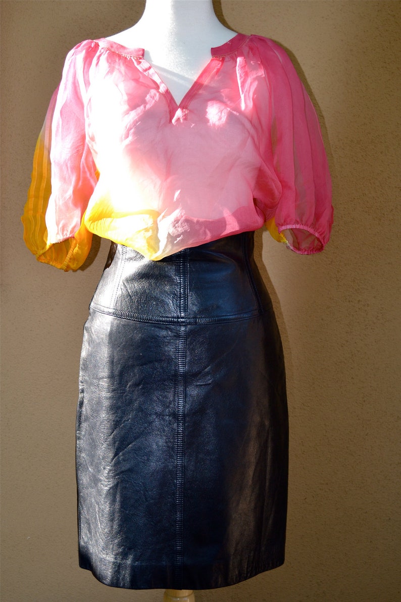 vtg ESCADA leather lambskin Kidskin PENCIL SKIRT navy black size s-m