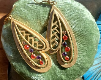 Gold Toned 60s Mid century Statement Rhinestone Dangle Butterfly Wing Earrings