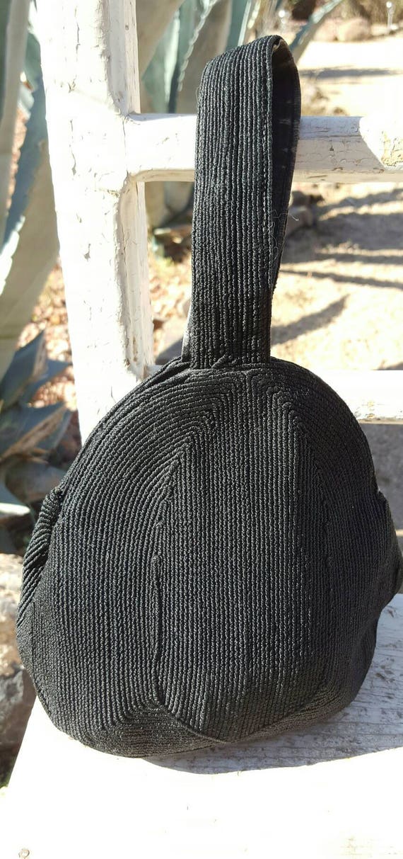 Vtg 30s Petite Black Silk Corde Evening Bag Clutch