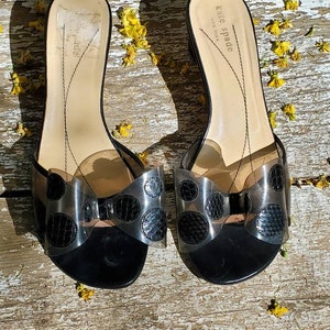 Kate Spade Italy See through Clear Bow w/ Black Leather Snake Skin Heels Sandals Size 8