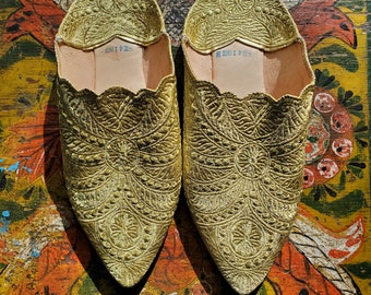 Moroccan Gold Metallic Brocade Babouche Slip on sz 9