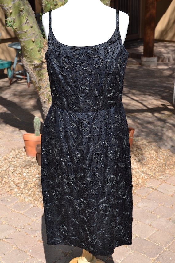 princess polly baby blue dress Black 50s 100% Satin Silk Fully Embellished Floral Beaded Midi Cocktail  Evening Sheath Dress Rare Size Medium Large