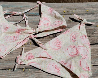 Floral Rose Pastel Pink Green All Cotton Tie Joely Nian London Bikini Set XS