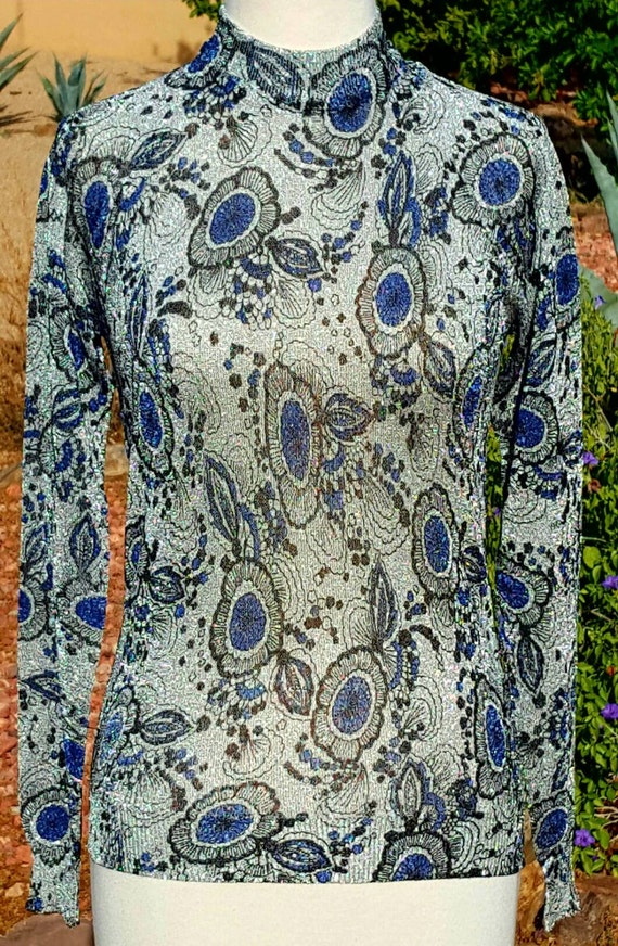 Vtg Silver Metallic Lame' Sheer Blue Floral Knit B