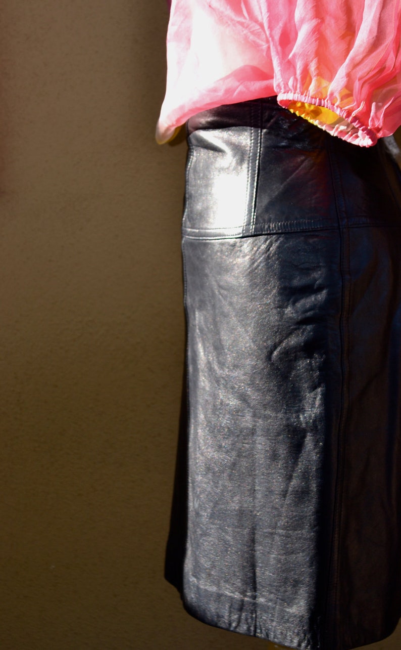 vtg ESCADA leather lambskin Kidskin PENCIL SKIRT navy black size s-m