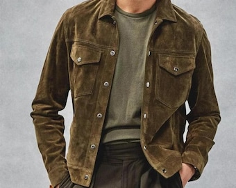Men's Olive Green Suede Trucker Jacket - Handmade Western Coat