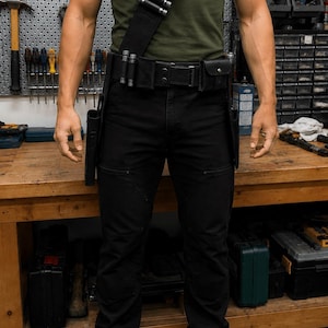 May include: A person wearing a green t-shirt, black pants, and black boots. The person is wearing a black leather belt with pouches and a shoulder strap with silver accents. The background is a workshop with tools.