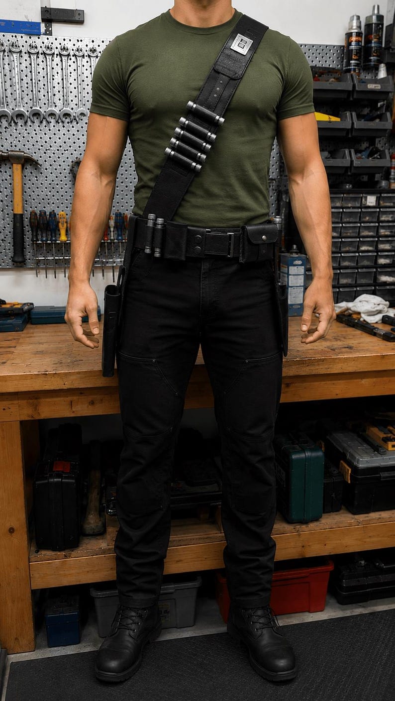 May include: A person wearing a green t-shirt, black pants, and black boots. The person is wearing a black leather belt with pouches and a shoulder strap with silver accents. The background is a workshop with tools.