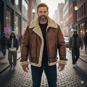 Men’s B3 Shearling Leather Jacket, Vintage Aviator Bomber Coat, Real Sheepskin Winter Jacket