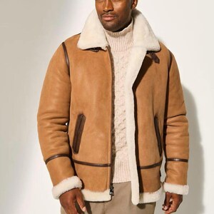 Shearling Brown Leather Jacket Genuine Luxurious Sheepskin Fur Leather B3 Bomber Leather Aviator Jackets For Men