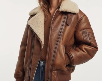 Women's Leather Bomber Jacket with White Shearling Collar