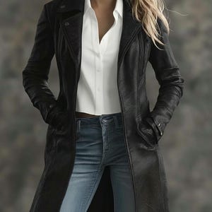 May include: A black leather coat with a notched collar and a long, streamlined silhouette. The coat is worn over a white button-down shirt and blue jeans. The model has blonde hair.