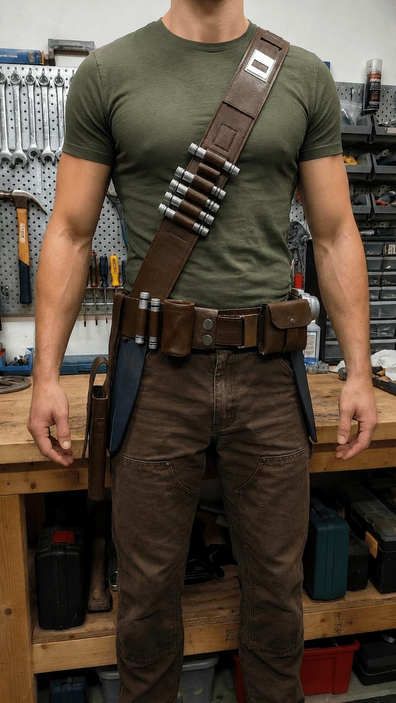 Star Wars Inspired Mandalorian Belt Cosplay Costume Leather Belt with Leg Gun & Holster.
mando bandolier, beskar armor, din djarin cosplay, mando mercs, mandalorian belt, leather cosplay belt, mando holster, star wars prop, star wars cosplay, cosplay accessories, sci fi costume, bounty hunter gear, custom prop belt.