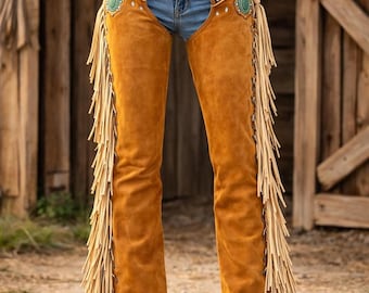 Women's Handmade Cowgirl Chaps | Genuine Buckskin Suede Leather Pants | Western Rodeo Fringe Chaps | Unique Gifts for Her