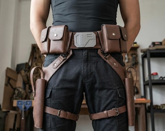 Star Wars Inspired Mandalorian Tactical Holster Belt - Axe Woves Brown Leather Belt