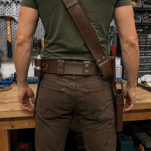 May include: A brown leather utility belt with a matching shoulder strap, worn over brown pants and a green t-shirt. The belt features multiple pouches and holders for tools or accessories. The overall aesthetic suggests a rugged, functional design.