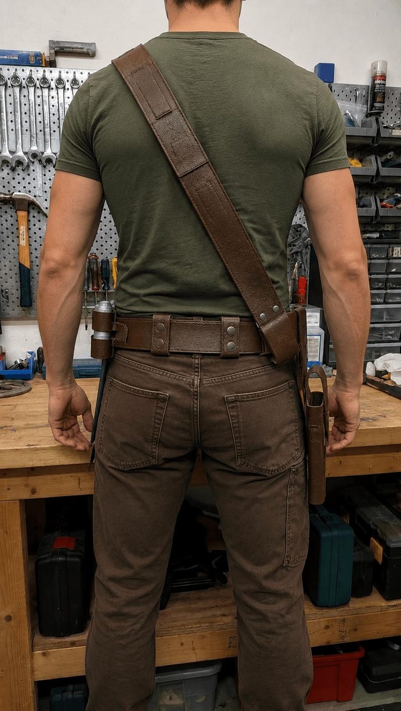 May include: A brown leather utility belt with a matching shoulder strap, worn over brown pants and a green t-shirt. The belt features multiple pouches and holders for tools or accessories. The overall aesthetic suggests a rugged, functional design.