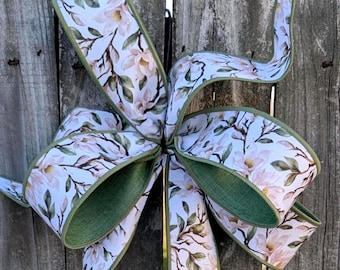 Bow For Wreath, Magnolia Bloom Wired Ribbon, Sage green Back, Informal and Traditional Bow Style, Handmade Bow