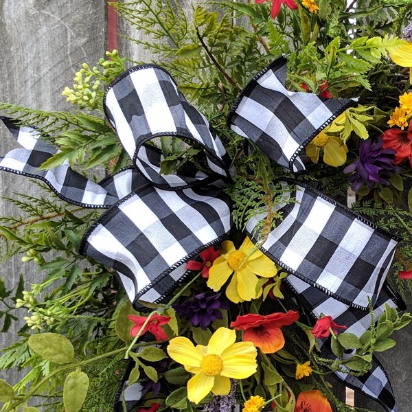 Bow for Wreath, Black and White Buffalo Check bow, informal Wreath Bow