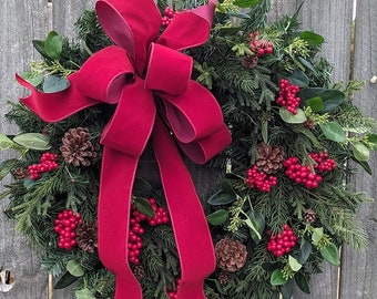 Christmas Wreaths / Traditional Christmas Deep Brick Red Velvet Bow Christmas Wreath, Christmas Wreath Matching Window Bows Available 378