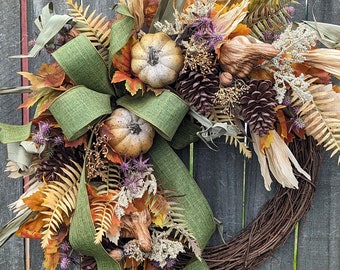 Fall Wreath, Fall Pumpkin Wreath, Fall Leaf Wreath, Fall Pumpkin Bow Wreath, purple, Muted Colors Fall Wreath, Cream Pumpkins 341