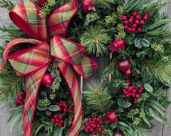 Christmas Wreath, Plaid Holiday Wreath, Rich Red and Green Berries, Realistic Artificial Pine 504*