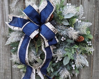 Christmas Winter Wreath, Eucalyptus Holiday Wreath, Birch Navy and Eucalyptus Wreath, Winter Long Front Door Wreath, Christmas Wreath 298