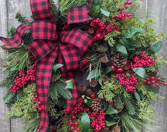 Christmas Wreath, Buffalo Check Winter Wreath, Black and Red Check Natural  Christmas wreath Sparkle Natural Holly, Red Berries, Christmas