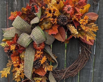 Fall Wreath, Wreath Fall / Autumn, Pumpkin Berry Fall Wreath, Burlap Green Bow Fall Magnolia Door Wreath, Halloween Door Wreath, Horn's 336