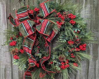 Christmas Wreath, Christmas /Holiday Door Wreath, Plaid Bow, Tartan Wreath Christmas wreath Traditional Wreath Door, Christmas Wreath 310