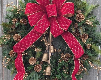 Christmas Wreaths / Traditional Formal Christmas Rich Red Velvet Bow Christmas Wreath, Christmas Wreath, Gold Wreath, Gold Bell Wreath 456*