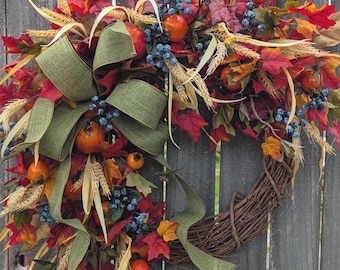 Fall Wreath Blue Orange, Wreath for Fall / Autumn, Harvest Blueberry Fall Wreath, Door Wreath, Halloween Door Wreath, Horn's 439