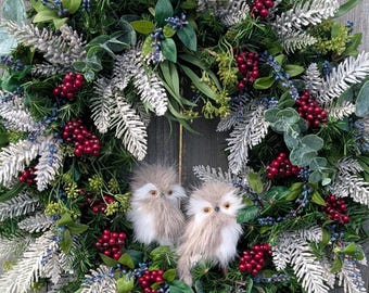 Christmas Wreath, Winter Door Wreath, Owl Critter Wreath, No Bow, Blue, Burgundy, Snow 468*