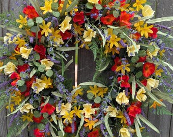 Spring Wreath, Spring/Summer Wreath, Spring Wreath Colorful, Wreath, Summer  Wreath, Fern wreath, Spring Door Wreath, No Bow