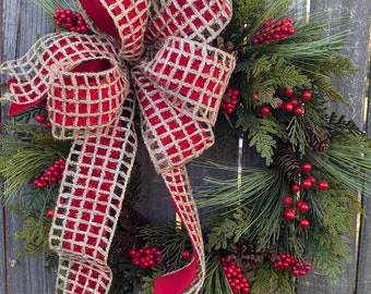Christmas Wreath, Realistic Wreath with  check bow, Pine, berries, artificial wreath for door, LIMITED EDITION Value Selection, Large