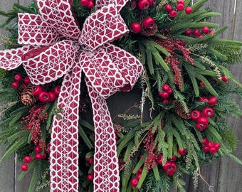 Christmas Wreath, Realistic Christmas Wreath and Berries, Macramé Boho Bow, Deep Red Bow, Burgundy Bow, Farmhouse Wreath, Messy Bow, 454*