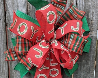 Christmas Tree Topper Bow, Christmas Wired Bow Tree Topper, Nostalgic Primitive Christmas, Traditional Large Wreath Bow, Plaid Joy Red Green