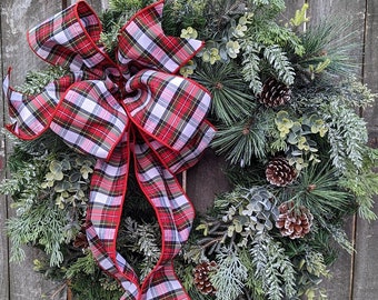 Christmas Wreath, Christmas Door Wreath, Wreath Christmas Wreath Snowy Wreath for Door, Plaid Christmas Wreath, White and Red Plaid