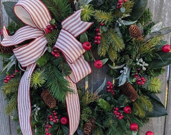 Christmas Wreath, Plaid Holiday Wreath, Red and Green Natural Christmas wreath Berries Natural Holly, Red Berries, Christmas 308