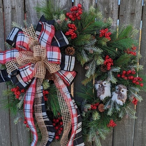 Christmas Wreath, Holiday Wreath, Owl Wreath, Black, White Plaid ribbon, Front Door Wreath, Front Door, Red Berries, Christmas Wreath 304 image 2
