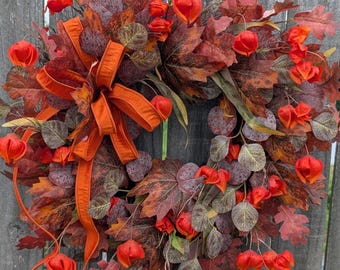 Fall Wreath, Burgundy Harvest Leaves, Chinese Lanterns, Delicate Orange Wired Bow, Thanksgiving Halloween Decoration