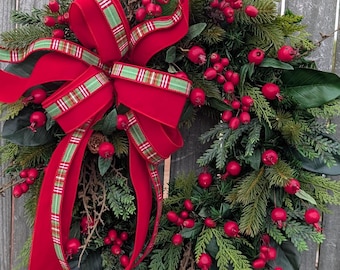 Christmas Door Wreath, Red Velvet, Green Plaid, Fun, Natural Door Wreath, Unique Wreath for Front Door,  Holiday Door Decoration  461*
