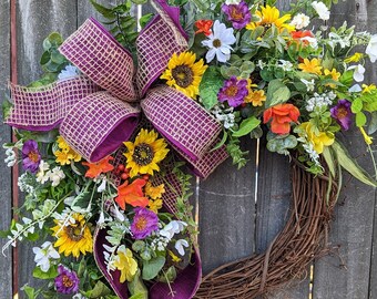 Spring Wreath, Spring Sunflower Wreath, Colorful Wreath for Spring, Summer Wreath, Door Wreath, Front Door Wreath 2023