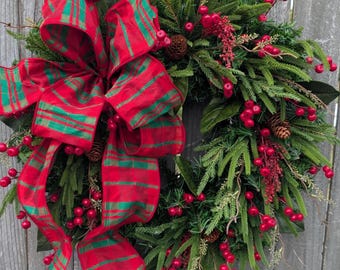 Christmas Wreath, Plaid Holiday Wreath, Rustic Plaid Natural Christmas wreath Red Burlap Berry Evergreen Wreath, Berries, Christmas 448*