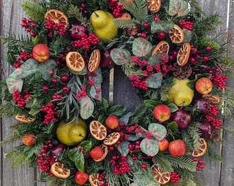 Christmas Wreath - Williamsburg Style Christmas Wreath with Fruit and Berries - Christmas Fruit Wreath 411
